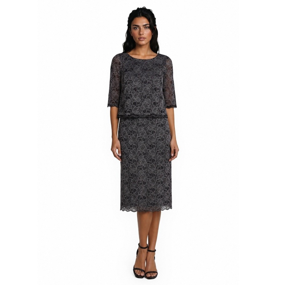 Alex Evenings Lace Midi Dress Womens Size 16W Black Silver Lace Metallic Pockets